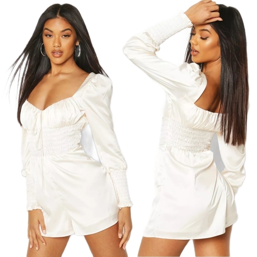 NWOT Ivory Satin Shirred Ballon Sleeve Romper Sz 10